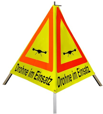 Warnpyramide/Faltsignal - Drohne im Einsatz (Sonderzeichen: Drohne) (2 - tagesleuchtend gelb, 70 cm schwer mit Federmechanismus)
