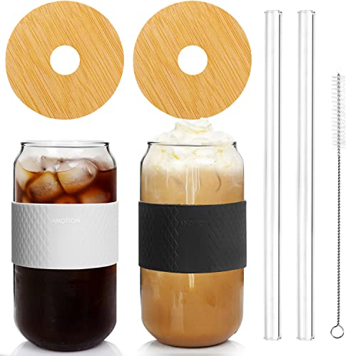 Bierdosenglas mit Deckel und Strohhalm, ANOTION Bambusabdeckung Glas Strohhalm, 590 ml wiederverwendbare Trinkgläser, Becher für Reisen Büro Zuhause Eistee Kaffee Margaritas Soft Drinks Saft Cocktail,
