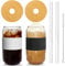 Beer Can Glass w/ Lids & Straw,ANOTION Bamboo Cover Glass Straw,20 oz Reusable Drinking Glasses,Tumbler Travel Office Home Ice Tea Coffee Margaritas Soft Drinks Juice Cocktail,Set of 2,Black/White