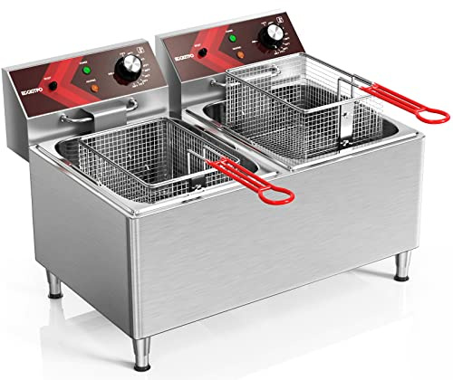 EGGKITPO Friteuse commerciale 12 L x 2 grands réservoirs électriques à double réservoir pour restaurant avec 2 paniers à frire et couvercles, 1800 W x 2, 120 V
