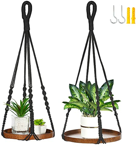 Shineloha 2 Stück Makramee-Pflanzenhänger + Pflanzgefäß-Regal, extra lang, dekorativer Blumentopfhalter,Deckenhaken im Lieferumfang enthalten (keine Pflanze/Topf im Lieferumfang enthalten) (schwarz)