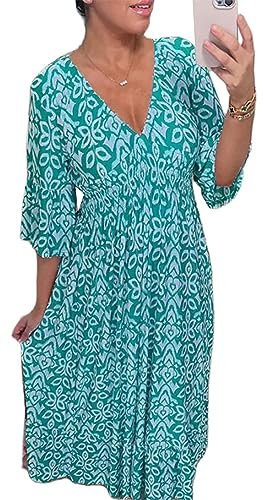 YILEEGOO Women's Summer Bohemian Midi Dress Floral Print Half Sleeve V Neck Elastic Waist Loose Beach Dress (Lake Blue, L)