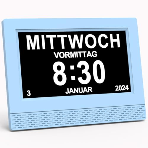 SINOIDEAS Digitaler Wecker, Digitaler Kalender, Demenzuhr für Senioren mit Benutzerdefinierten Erinnerungen (Blau, 7 Zoll)