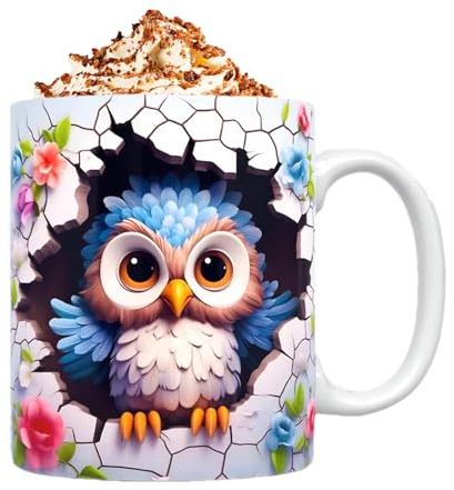 PHASZ Keramikbecher mit 3D-Eulen-Motiv, niedliche Tassen, 3D-Eulen-Tasse, flach, bemalt, Keramik, Kaffeetasse, 325 ml, Keramik-Eulen-Dekor für Kaffee-, Milchtee-Liebhaber