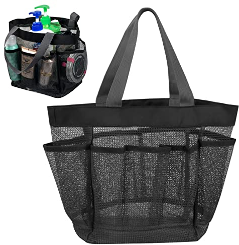Tragbarer Duschkorb aus Netzstoff, Duschtasche mit 8 Taschen und Tragegriff, Mesh Strandtasche Waschtasche Aufbewahrungstasche Organizer Hängetasche für Camping Reisen Wohnheim Fitnessstudio, Schwarz
