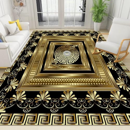 MELABE Griechische Geometrie Wohnzimmerteppich, Schwarzes Gold Weicher Teppich, Niedriger Flor rutschfest Leicht Zu Reinigen, Schlafzimmerteppich 40 x 60cm