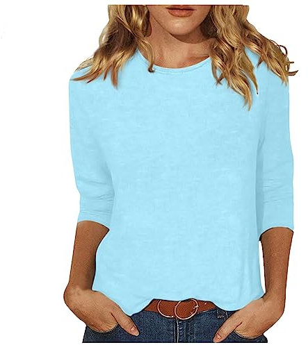 Tunique Chic Et Élégante, Tee Shirt Manche 3/4, Chemisier Et Blouse Femme, Tenue De Sport, Vêtements Grande Taille Été, Top Couleur Unie (Sky Blue, XXL)