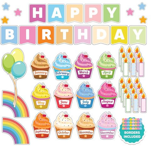 Decorably Cupcake-Geburtstags-Pinnwand-Set für Klassenzimmer, Geburtstagstafel für Klassenzimmer, Geburtstagstabelle, Geburtstagstafel, Klassenzimmer, Geburtstags-Pinnwand, Geburtstagswand für
