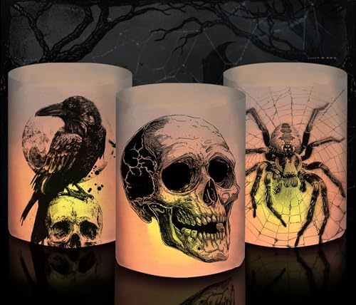 12 Windlicht Tischdeko Halloween Dekoration, Halloween Deko Innen Outdoor Garten Gruselig, Horror Deko mit Totenkopf Krähe Spinne, Halloween Deko Kinder Geburtstag Party Set, für Teelichter/Kerzen