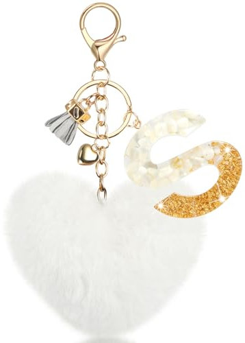 MWOOT Namensanfang Buchstaben S Schlüsselanhänger, Damen Tasche Anhänger, Weiß Harz Anhänger mit Pompon für Frauen Autoschlüssel Handtaschenan Geldbörse Deko, Name Initial S Keychain