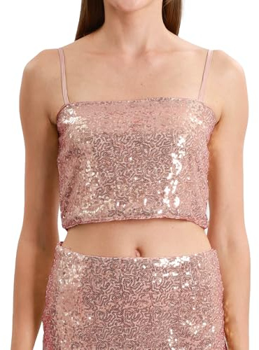 Xintianji Women's Sequin Glitter Strappy Cami Crop Top Tank with Back Zipper, Rose Gold, S