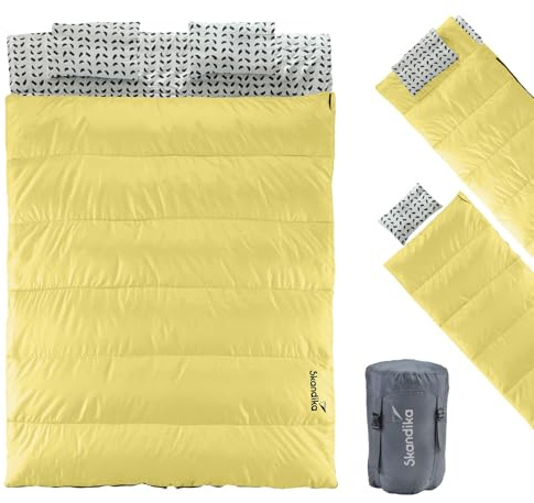 Skandika Iceland Saco de Dormir Doble XXL| con Forro de polialgodón para Adultos, Separable, hasta 3°C, 220 x 150 cm | Invierno Camping Senderismo (Amarillo)