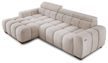 Ecksofa OMBO 285x168x77/97 cm, Linke Seite Mit Schlaffunktion, Elektrisch Ausziehbarer Sitzfläche, Verstellbaren Kopfstützen, Dunklen Buchenholzfüßen, Hydrophobem SALVADOR-Bezugstoff - Cappucino