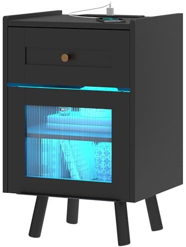 DWVO Modern Nightstand with LED Lights & Charging Station, Bedside Table with Drawer and Adjustable Shelf, Black Storage End Table for Bedroom, Living Room, Office, Black