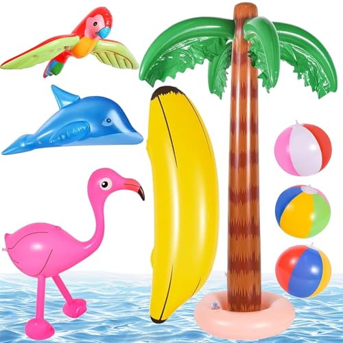 CUVZORA Lot de 8 jouets gonflables palmiers - Flamant rose, perroquet, dauphin, banane, balles de plage, décoration hawaïenne, pour fête Luau, fête d'été, jardin et piscine