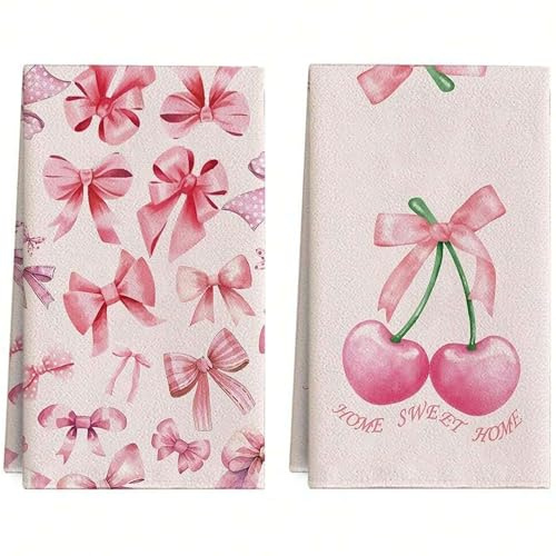 Disoza Schleife & Kirsche Rosa Mikrofaser Geschirrtücher 60 * 40 cm Baumwolle Küchentücher Gastronomie,2 St. Haushaltshelfer Trockentücher Küchentuch Handtuch Küchenorganizer