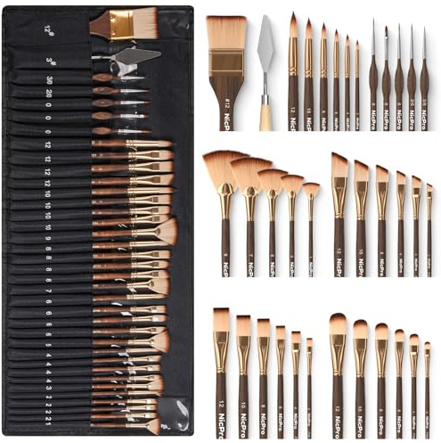 Nicpro 36pcs Paint Brush Set, Professional Paintbrushes with Palette and Cloth Roll, Suitable for Acrylic Painting, Oil, Watercolour, Gouache, Art Supplies for Artists & Beginners (Gold Color)