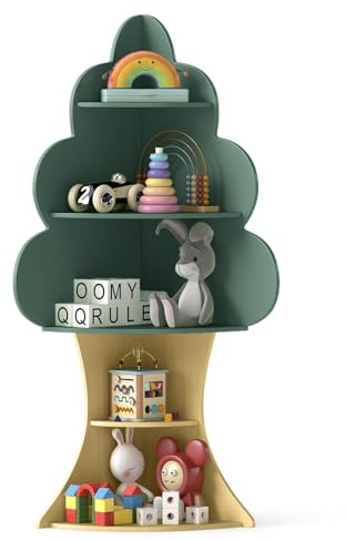 FANTASK Kinder Eckbuchregal, Bücherregal in Baumform, 5 Ebenen Kinderbuchregal, Spielzeugregal aus Holz für Kinderzimmer, Spielzimmer, 48 x 48 x 132 cm (Grün)