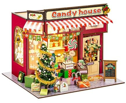 Maison miniature de bonbons de Noël DIY • Kit en bois avec lumières LED • Maison de Noël avec arbre et autres détails de Noël • Artisanat pour adultes • Décoration et cadeau créatif