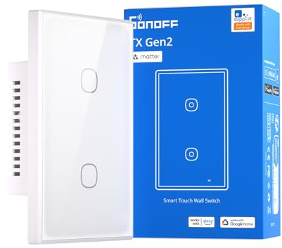 SONOFF TX Gen2 Interruttore Touch Intelligente per Parete: 2 Canali, Pannello Tipo 120, Wi-Fi 2.4GHz, App eWeLink, Compatibile con Matter, Apple Home/Google Home/Amazon Alexa, T6-2C-120M