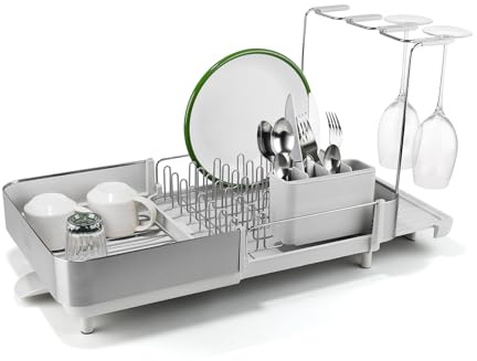 Joseph Joseph Extend Steel Plus Extendable Dish Rack Steel, Small to Large Dish Drainer with Wine Glass Holder & Drain Spout