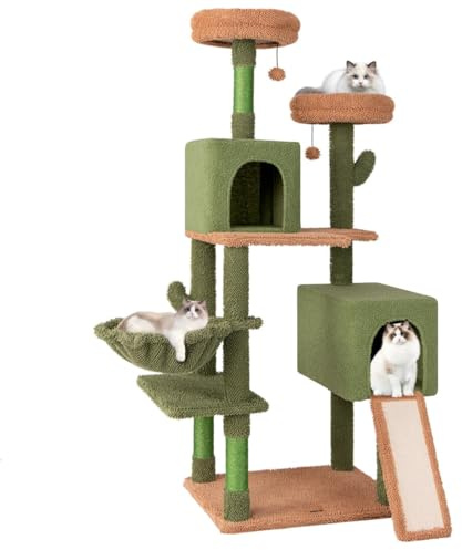 Arbre à Chat 160 x 59 x 48 cm avec Condos et perchoirs lavables en Peluche Design Cactus en Vert Marron 20_0010083