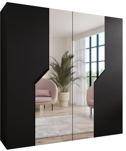 MEBLE KRYSPOL - Kleiderschrank - Garderobenschrank - 200 cm x 202 x 52 cm - Schrank mit Kleiderstange und Spiegel, 4 Türen - für Schlafzimmer, Flur - Andrew, Schwarz, Griff Schwarz
