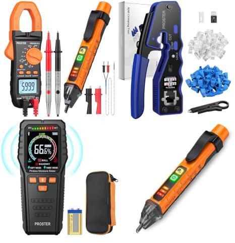 Proster Clamp Meter Non Contact Voltage Tester Kit - TRMS 6000 Counts+RJ45 Crimp Tool Set+Pinless Moisture Meters+Proster Voltage Tester Pen Non Contact Voltage Detector Pen