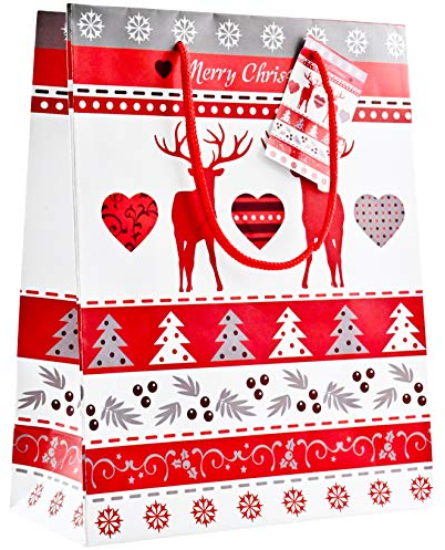 Bambelaa! 12 Stück Geschenktüten Weihnachten Geschenktaschen Klein Papiertüten Weihnachtstüten 128 g Papier Hirsch Rot Weiß Matt (Ca. 18x8x23 cm)