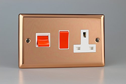 Varilight 45A Cooker Panel with 13A Double Pole Switched Socket Outlet (Red Rocker) Polished Copper