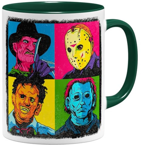 OM3® coole Kaffee-Tasse mit Pop-Art-Horror - Halloween Nightmare Serial Killers | Keramik Becher | 325ml | Beidseitig Bedruckt | Grün