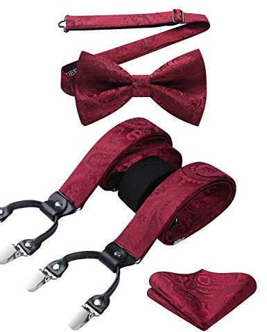 HISDERN Hosenträger Herren 3,5 cm mit 6 Extra Stark Clips in Y-Form Elastisch Längenverstellbar 130 cm Fliege und Hosenträger 3er Set für Männer