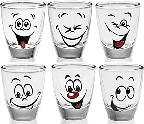 PLATINUX Shotgläser mit lustigen Gesichtern Set 6 Teilig 2,5cl Tequila Karnevalsgläser Schnapsgläser Pinnchen aus Glas
