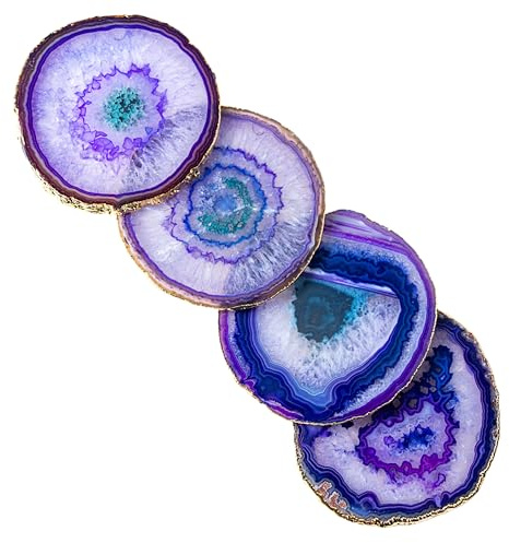 Nature's Decorations - Premium lila Achat-Untersetzer mit Goldrand – Set mit 4 rutschfesten Untersetzern aus Stein – unregelmäßig geformte Untersetzer – perfekte Heimdekoration und Geschenk.