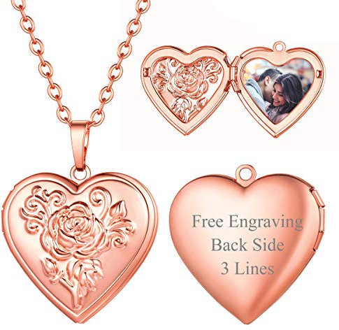 FOCALOOK Collier Médaillon Femme Photo Personnalisé Plaqué Or Rose Pendentif Coeur Porte Photo avec Motifs Fleurs Chaîne 2,5mm/50+5cm Bijoux Cadeau Unique Parfait