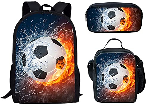Biyejit Kinder-Rucksack für Teenager, Mädchen, Jungen, Schultasche, Schultasche, Büchertasche, Lunchbox, Federmäppchen, 3-in-1, Wasserfeuer-Fußball, Einheitsgröße