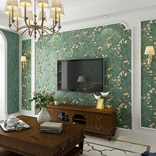 MEAIHOME Retro American Pastoral Style Flower Tree Non-Woven 3D Bedroom Living Room Home TV Background Non-Pasted Wallpaper Ink Green 1.73'W x 32.8'L