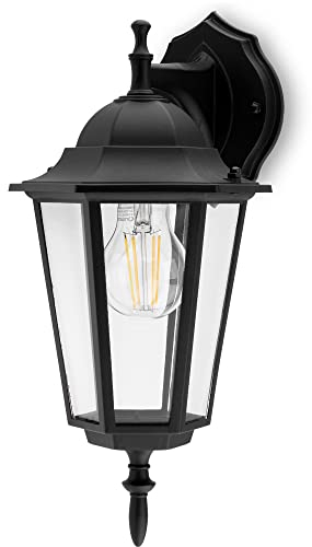 Lumiled Außenwandleuchte Vintage 230V Wandlampe Außenlampe Klassisch Wandleuchte Aluminium Schwarz Glas IP44 Wasserdicht für E27 Leuchtmittel Outdoor Außen Garten Retro Gartenlampe