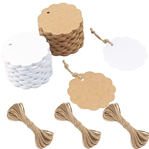 G2PLUS 6CM Rund Kraftpapier Anhänger, 200Stk. Weiß und Braun Etiketten Tags, 300g/m² Geschenkanhänger Anhänger Etiketten mit Schnur für Geschenkverpackungen und Kunsthandwerk