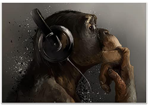 wandmotiv24 Poster als Wanddeko, Größe 100x70cm, AFFE mit Kopfhörer, Headset, Musik, Tiere, Affen, Moderne Wanddeko, Wandbilder, Deko, Bild M0056