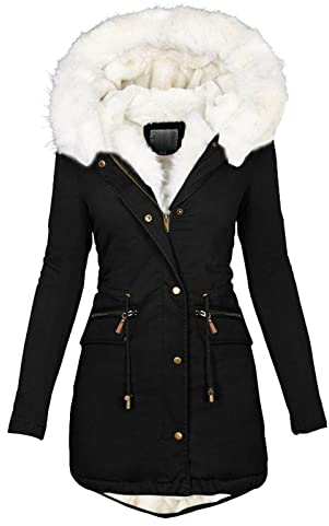 SilkTem Winterjacke Damen Schwarz Mit Fell | Weiß Teddyfell Gefütterte Winterparka Tunika Fleecejacke Elegant Schmale Outdoor-Plüschjacke Lässig Dicker Steppmantel mit Pelzkragen(Schwarz,3XL)