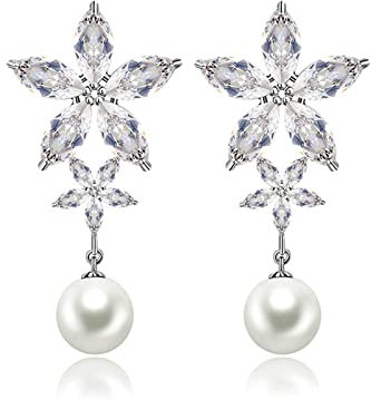 Banemi Ohrringe Schmuck, Damen Ohrringe Blume Zirkonia mit Perle Friktion Back Ohrstecker Valentinstagsgeschenk