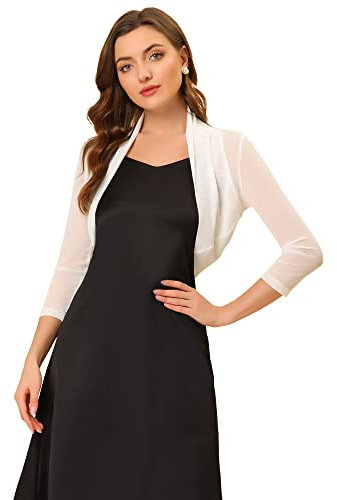 Allegra K Women's Semi Sheer Mesh Elegant 3/4 Sleeves Stretchy Bolero Shrug White M-12