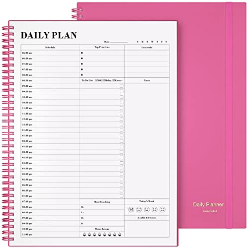 Planer undatiert, Asten Tagesplaner Agenda mit To-Do-Liste, Stundenpläne für Damen und Herren, Spiral-Terminbuch mit elastischem Verschluss, Innentasche 21,6 x 28 cm (Rosa)