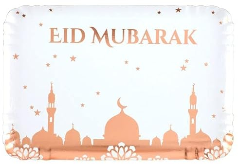 Au plaisir des yeux 5 Plateaux rectangulaire en carton Eid Mubarak blanc et rose gold 28 cm x 19 cm de large.