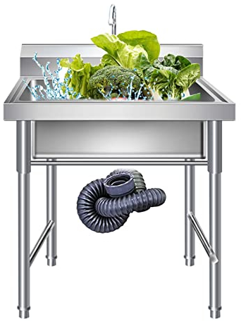 Fregaderos de Cocina Restaurante Camping Parrilla Exterior Jardin Acero Inoxidable Independiente Mejorado Mueble Lavadero Pila Comercial Industrial Un Seno con Grifo Patas(19.7x19.7x31.5inch)