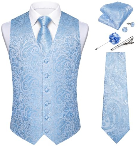 DiBanGu Herren-Krawatten-Set, Seide, Paisley-Kleid, Weste, Hochzeit, 6 | Anzugweste, Jacquard-gewebt, klassisches Design, V-Ausschnitt, 2 echte Taschen, Business, Freizeit, formelle Anlässe, Party