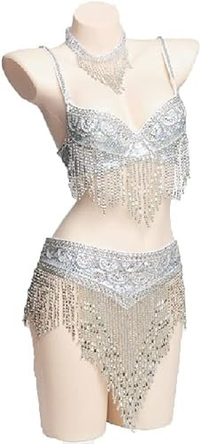 BAtlam Bauchtänzerin Kostüme für Frauen Bauchtanz BH und Gürtel Set Sexy Bauchtanz Kostüm Karneval BH Gürtel (2 Stück) (Silber L)