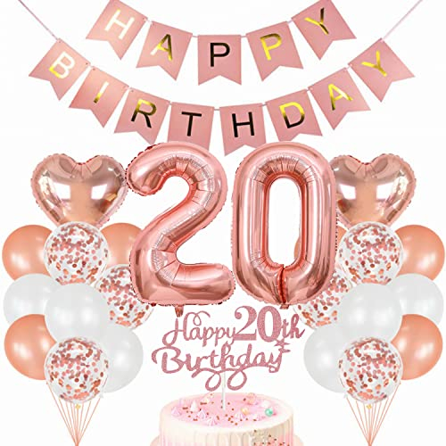 Conruich Rosegold Geburtstagsdeko 20 Jahre Frau, Happy Birthday Banner, Herz & Zahl Folienballons, Konfetti Ballons, Tortendeko