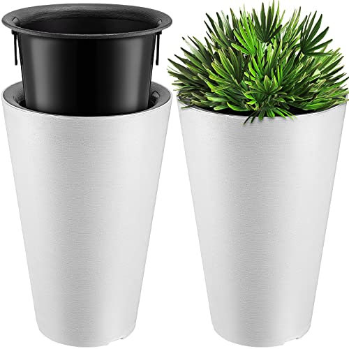 Juego de 2 macetas altas para exteriores de 12 x 18 pulgadas, macetas grandes de resina para exteriores para porche delantero, macetas redondas decorativas para interiores con drenaje (blanco)